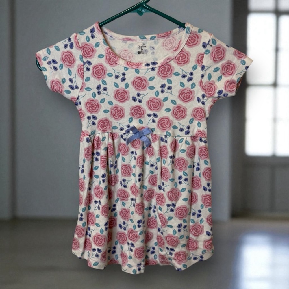 Touched by Nature | 5T | Organic Cotton Floral Print Dress with Pink Roses